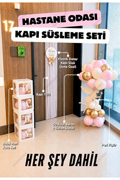 Her Şey Dahil Hastane Odası Kapı Süsleme Seti - Peri - Balon Standı, Tül, İsimli Kapı Süsü