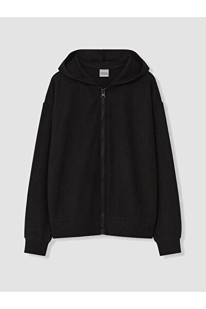 LC Waikiki Alita City Lcw Kids Black Hooded Girls' Zipper Sweatshirt with a D...