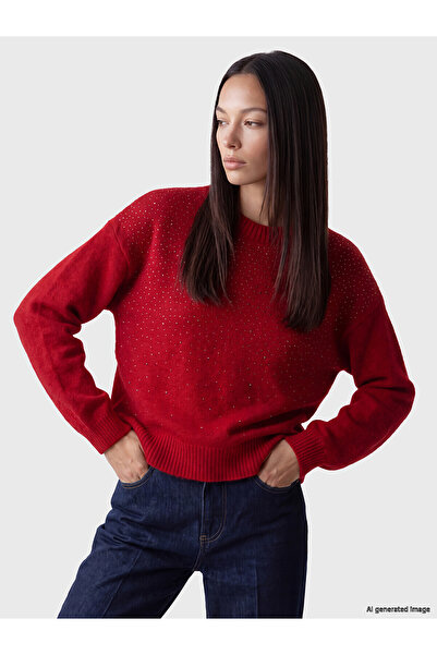 LC Waikiki Nevavm Farkıyla Lcw Everyday Red Knitwear Stone Oval Collar Women'...