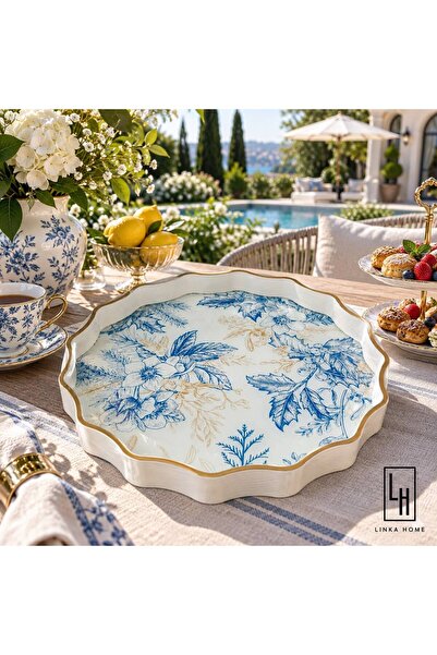 LinkaHome Salita Cam Gold Papatya Desen Çay Kahve Sunum Tepsisi 36CM