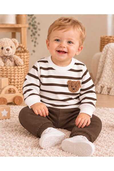 krm kerem bebe Baby Boy Striped Embossed Teddy Bear Embroidered Cotton Seasonal 2-Piece Top and Bottom Set