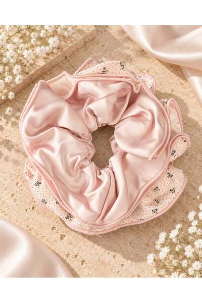 Kumru Studio Powder pink 4-tier floral ruffle scrunchie hair tie