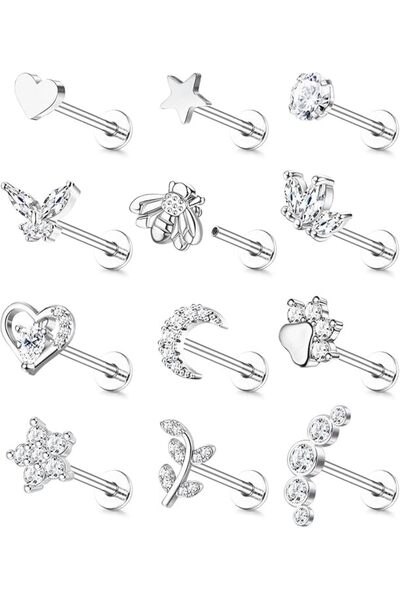 Yadoca 12Pcs 16G Tragus Earrings for Women Flat Back Cartilage Earring Stainl...