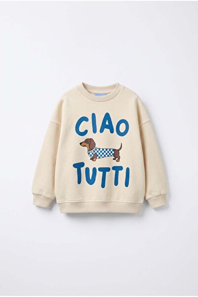 Magu Children's Cotton Dog Printed Ecru Sweatshirt