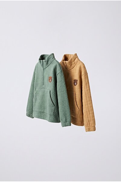 Magu Çocuk Pamuklu 2'li Fermuarlı Ayıcık Nakışlı Sweatshirt Seti