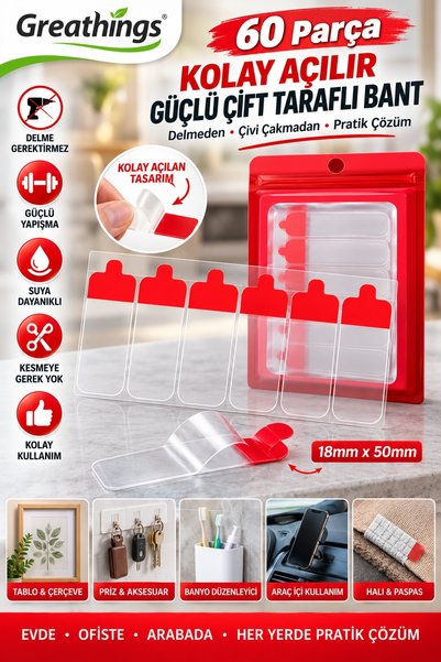 Greathings 60 Adet 18x50 mm Şeffaf Güçlü Çift Taraflı Nano Bant Hazır Kesilmi...
