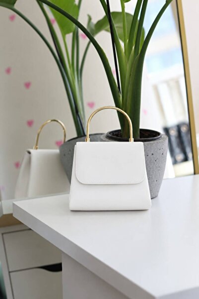 Moom Bag Women's White Leather Metal Handle Evening Dress Shoulder Bag