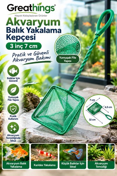 Greathings 7 cm 3 İnç Akvaryum Balık Yakalama Kepçesi Yeşil Fileli Uzun Saplı