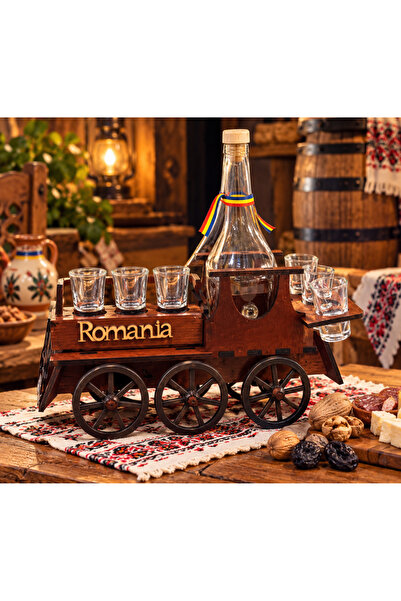LÇS Set cadou România – Cărucior din lemn cu sticlă și 6 pahare pentru băuturi SW4 - Promoție Set cadou România – Cărucior din lemn cu sticlă și 6 pahare pentru băuturi SW4