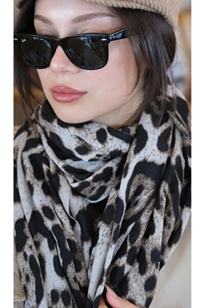 YENGEÇ Leopard Patterned Cotton Beige Shawl