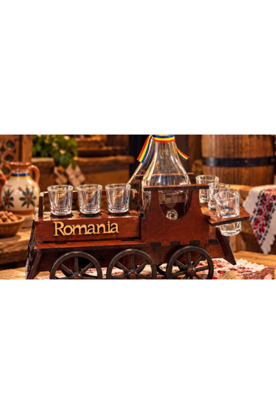 LÇS Set cadou România – Cărucior din lemn cu sticlă și 6 pahare pentru băuturi SW4 - Promoție Set cadou România – Cărucior din lemn cu sticlă și 6 pahare pentru băuturi SW4
