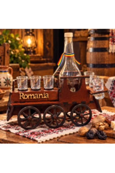 LÇS Set cadou România – Cărucior din lemn cu sticlă și 6 pahare pentru băuturi SW4 - Promoție Set cadou România – Cărucior din lemn cu sticlă și 6 pahare pentru băuturi SW4