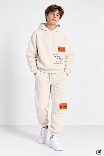 CansınMini Ecru Boys' Hooded Tracksuit Set with Embroidered Lettering and Emb...