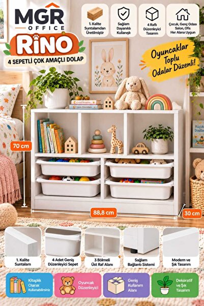 Mgr Office RİNO 4 Sepetli Çok Amaçlı Oyuncak Dolabı ve Kitaplık Oyuncak Box O...