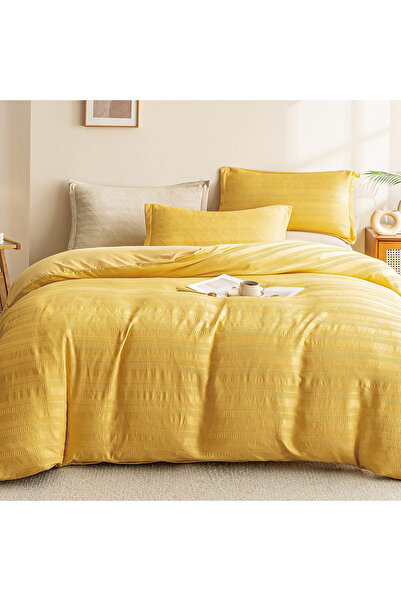 Casa New Concept Lenjerie de pat dublu, cu elastic, 4 piese, model galben aur...