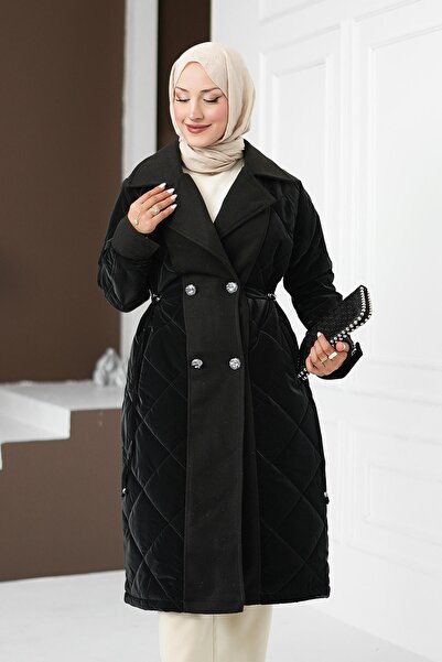 İmajButik Siyah Bel Bağlamalı Kaşe Detaylı Uzun Nova Mont