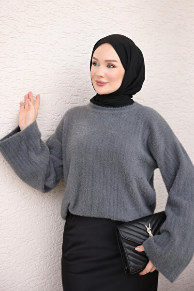 İmajButik سترة تريكو ناعمة من الأنجورا بأكمام واسعة ومدخنة