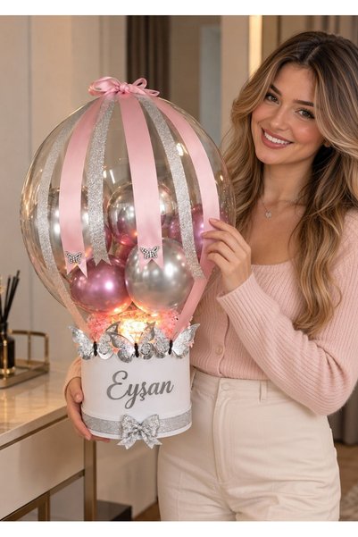 Solemia Kişiye Özel İsimli Çift Kurdeleli Balon Kutusu Kurdele Ucu Kelebek Sü...