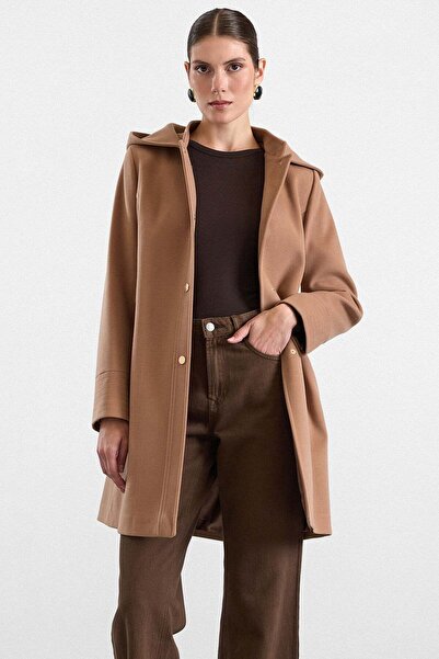 Olcay Snap Fastener and Stitching Detailed Detachable Hooded Coat Kamel 3191