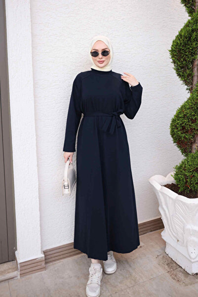 İmajButik Navy Blue Waist Belted Crew Neck Dress