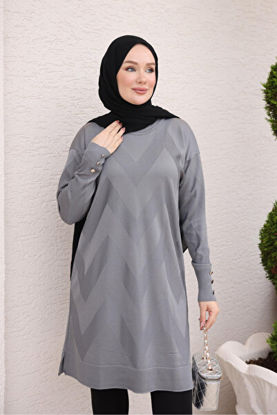 İmajButik Füme Soğuk İplik Bisiklet Yaka Triko Tunik