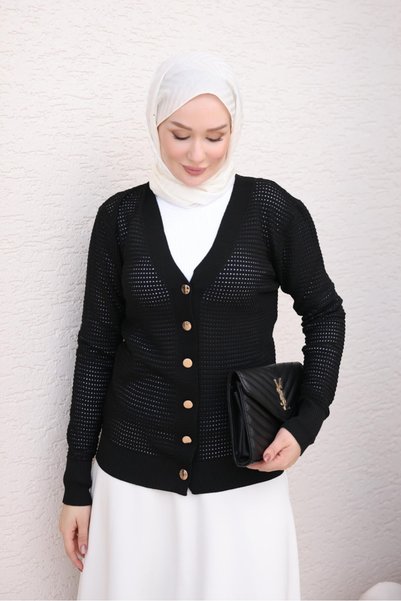 İmajButik Black Buttoned Openwork Knitwear Cardigan