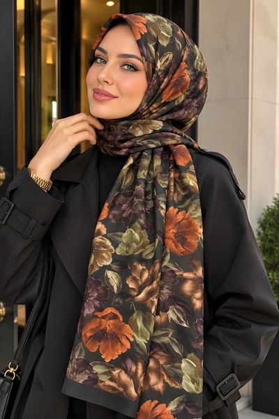 İmajButik شال ناعم بنقشة زهور أكوا بني حار