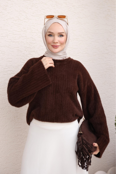 İmajButik سترة تريكو ناعمة من الأنجورا ذات أكمام واسعة باللون البني