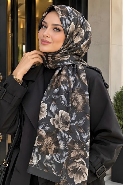 İmajButik شال ناعم منقوش بزهور أنثراسايت أكوا