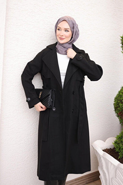 İmajButik Black Double Breasted Collared Lined Cashmere Coat