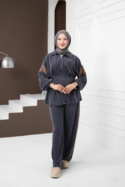 İmajButik Gray Elastic Waist Tunic Trouser Set