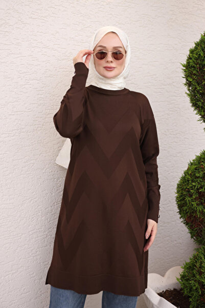 İmajButik Brown Cold Yarn Crew Neck Knitwear Tunic