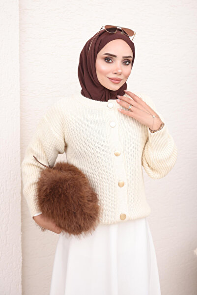 İmajButik كارديجان تريكو محبوك بأزرار بلون كريمي من سيلانيك