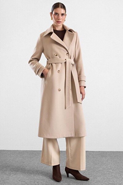 Olcay Punto Stitch Detailed Double Breasted Long Premium Fabric Coat Beige 3187