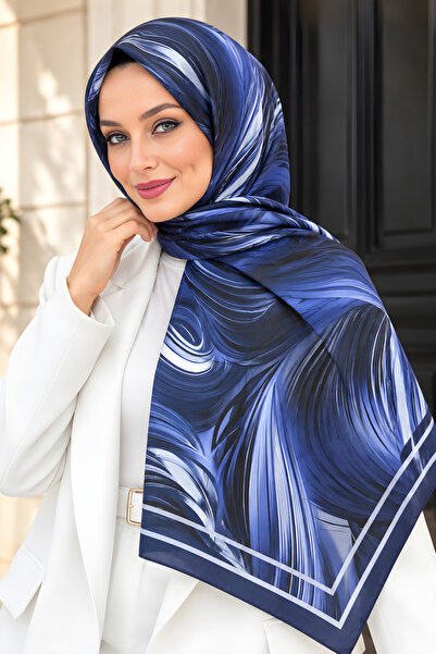 İmajButik شال ناعم منقوش باللون الأزرق الداكن