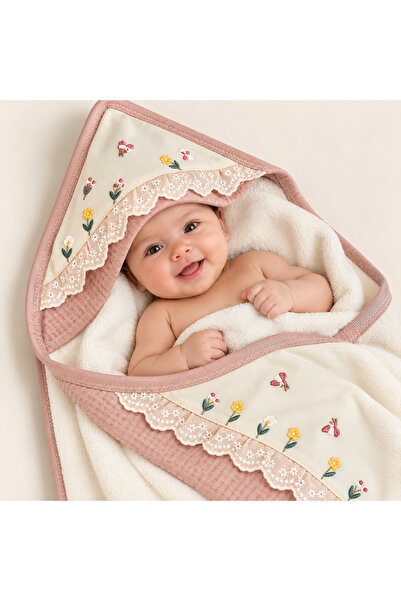MCT Baby Wear 🌸   منشفة استحمام للأطفال بغطاء رأس من الدانتيل مطرزة بالزهور ...