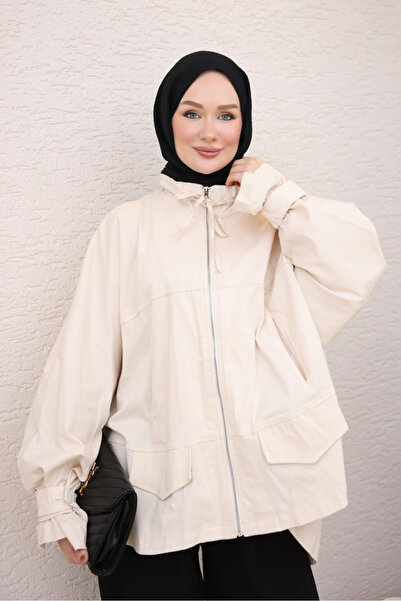 İmajButik سترة كريمية كبيرة الحجم بياقة مربوطة وسحاب أمامي