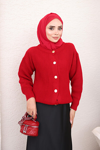 İmajButik Red Thessaloniki Knitted Buttoned Knitwear Cardigan