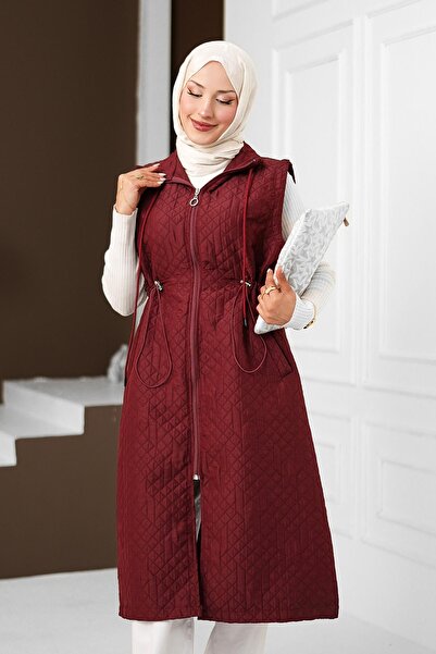 İmajButik Burgundy Elastic Waist Zippered Long Quilted Vest