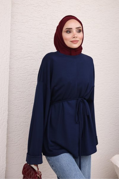 İmajButik Navy Blue Tunic with Slits on the Sides and Drawstring at the Waist