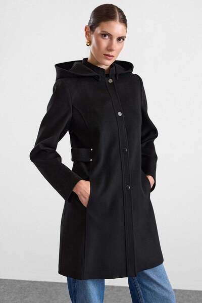 Olcay Snap Fastener and Stitching Detailed Detachable Hooded Coat Black 3191