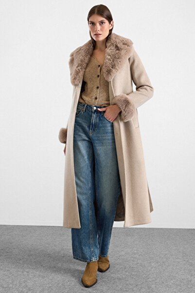 Olcay Jacket with Detachable Fur Collar and Sleeves, Long Coat Stone 3088