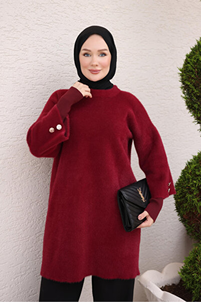 İmajButik تونيك تريكو ناعم من الأنجورا باللون الأحمر الداكن بأكمام مزدوجة