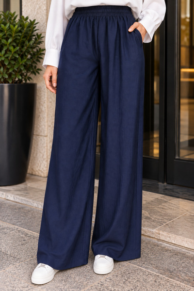 İmajButik Navy Blue High Waist Wide Leg Fabric Trousers