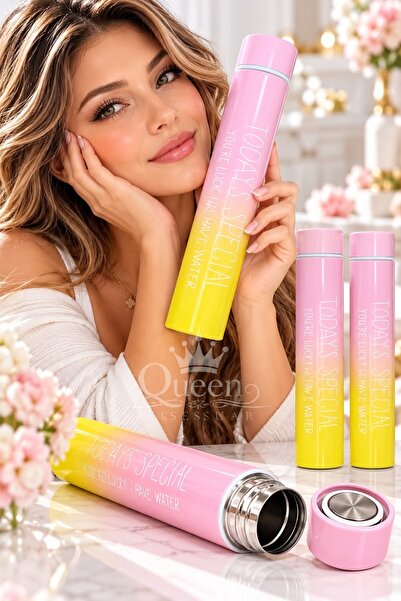QUEEN AKSESUAR Luxury Pink Yellow Gradient Color Slim Thin Long Steel Thermos...