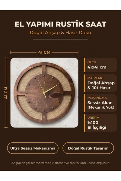 Nixar Desing Ahşap Duvar Saati Dekoratif Hasır Jüt Detaylı Rustik Vintage Saat | Sessiz Akar Mekanizma