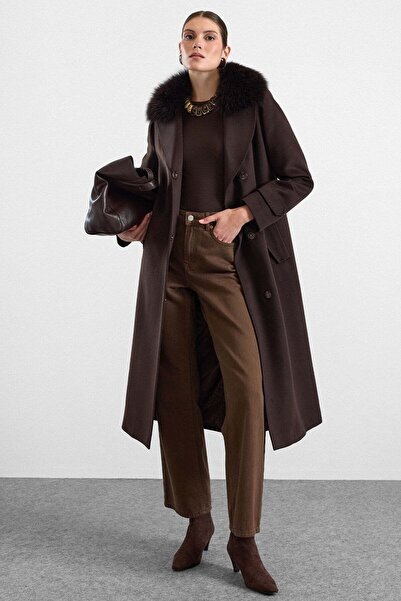 Olcay Premium Fabric Coat with Knit Stitching Detail and Detachable Fur Aci B...