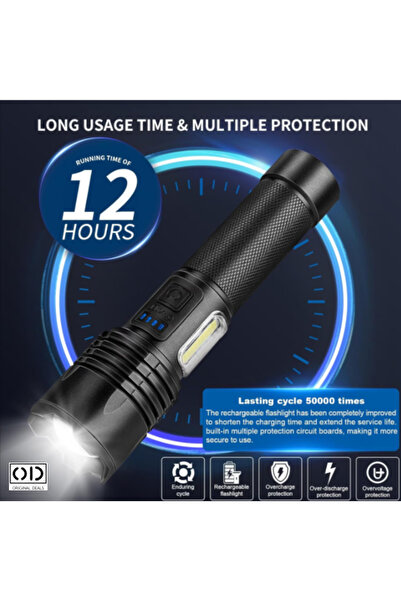 ORIGINAL DEALS Lanterna LED reîncărcabilă P50, 1500 lm, rază de acțiune 200 m, 3200 mAh, 6 moduri, IP44, Negru