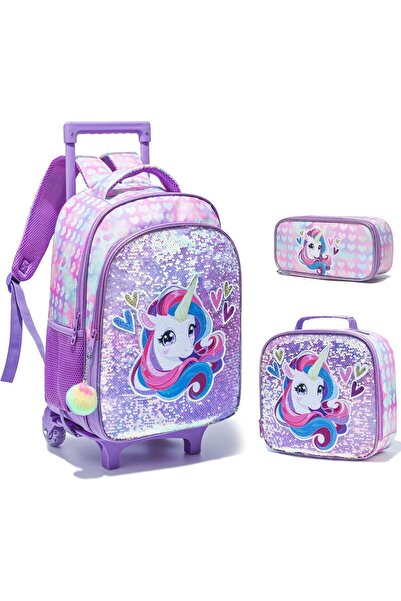 Generic Kids Rolling Backpack for Girls Boys, Roller Bookbag, 3 PCS Trolley B...
