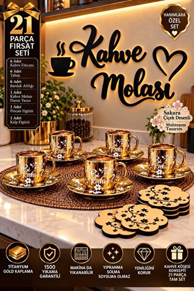 bigimeksley grup 21 Parça Kahve Köşesi Seti | 6 Kişilik Gold Kahve Fincan Tak...